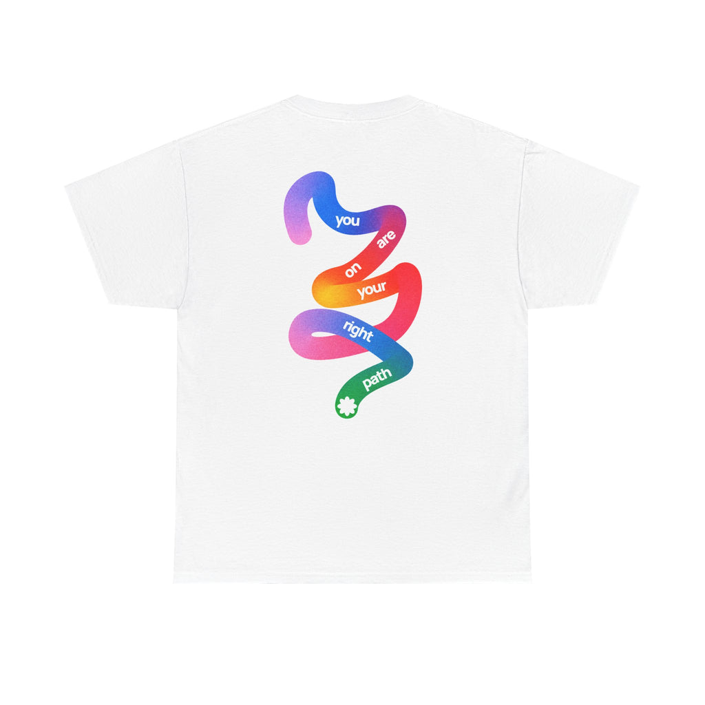 Don't Worry About Your Future rainbow ribbon back print on a white oversized cotton tee