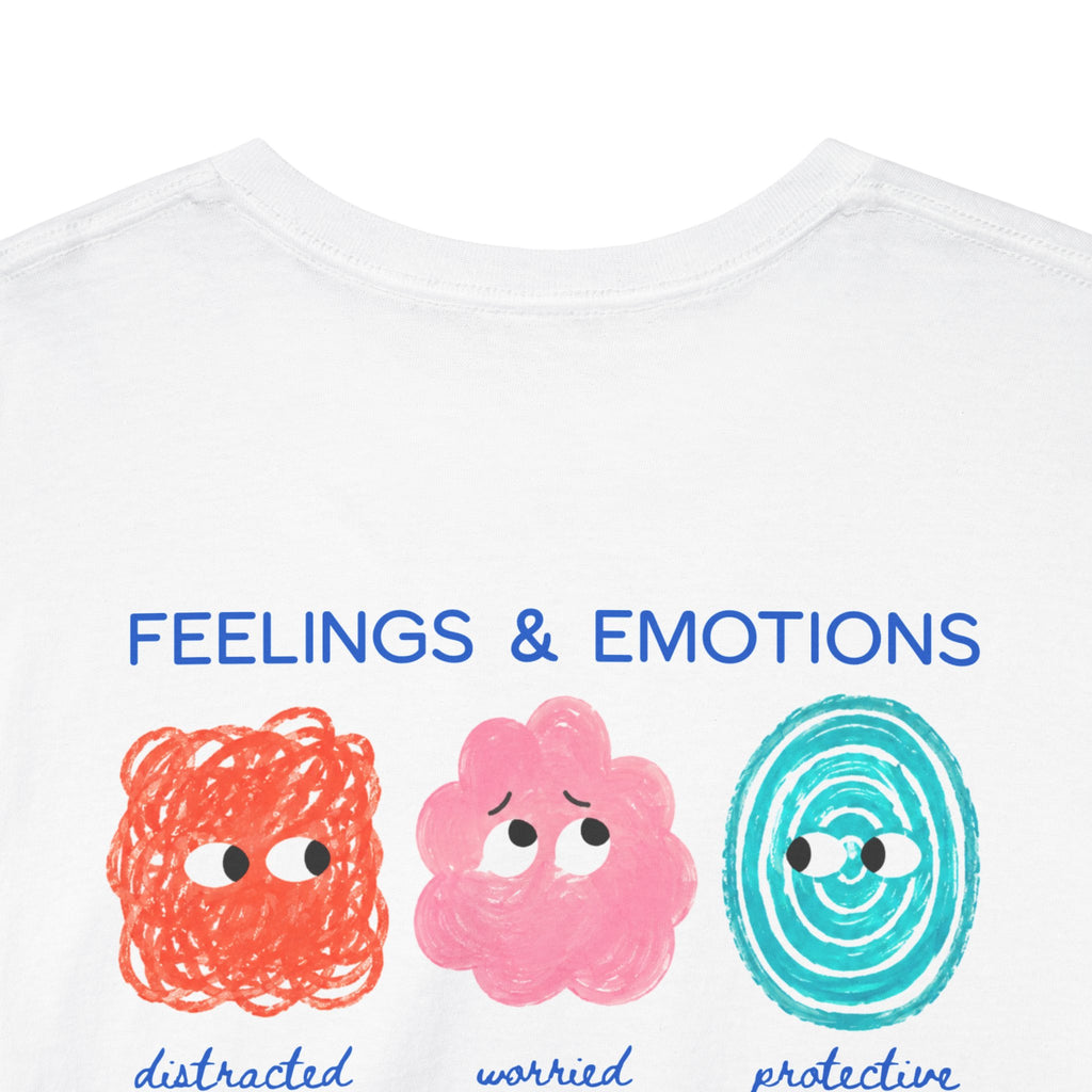Close-up of the nine emotion characters on the Feelings and Emotions graphic tee