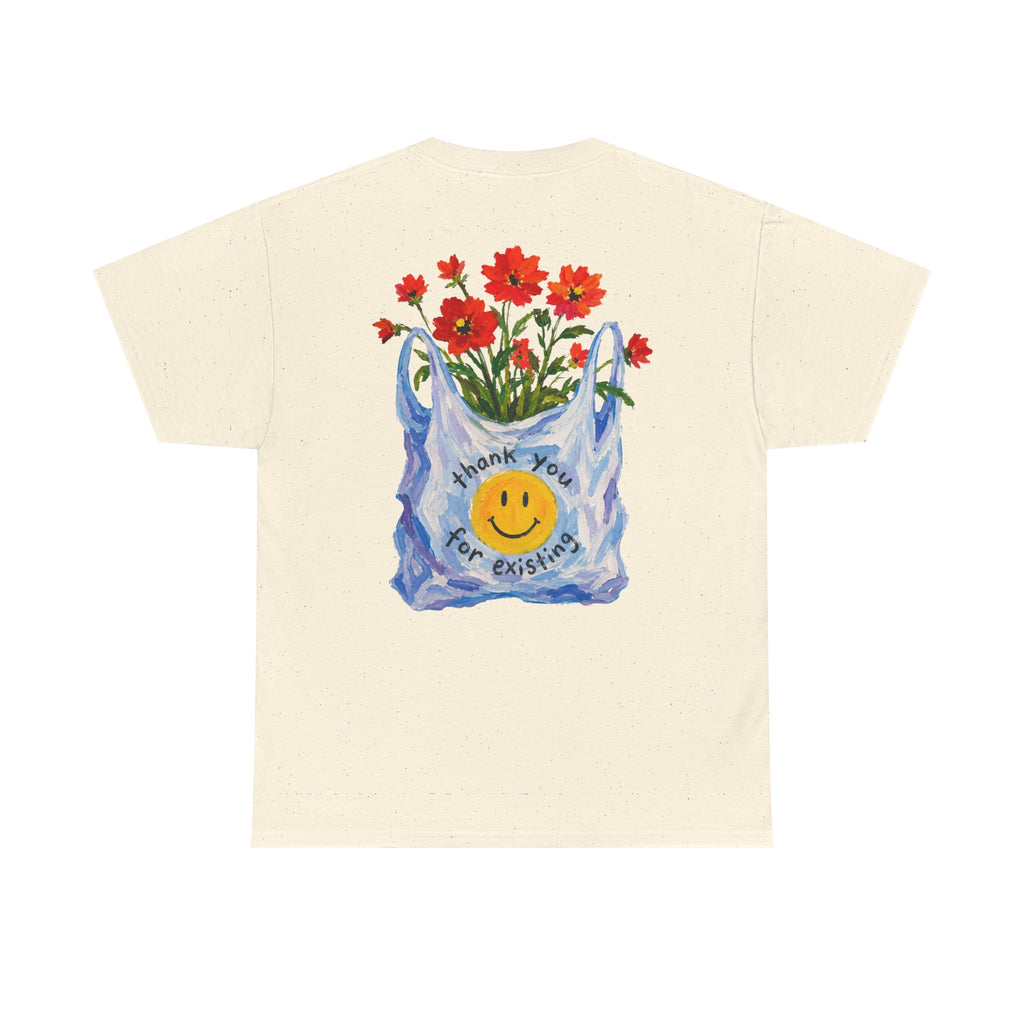 Folded Thank You For Existing tee showing the painted flower bag print