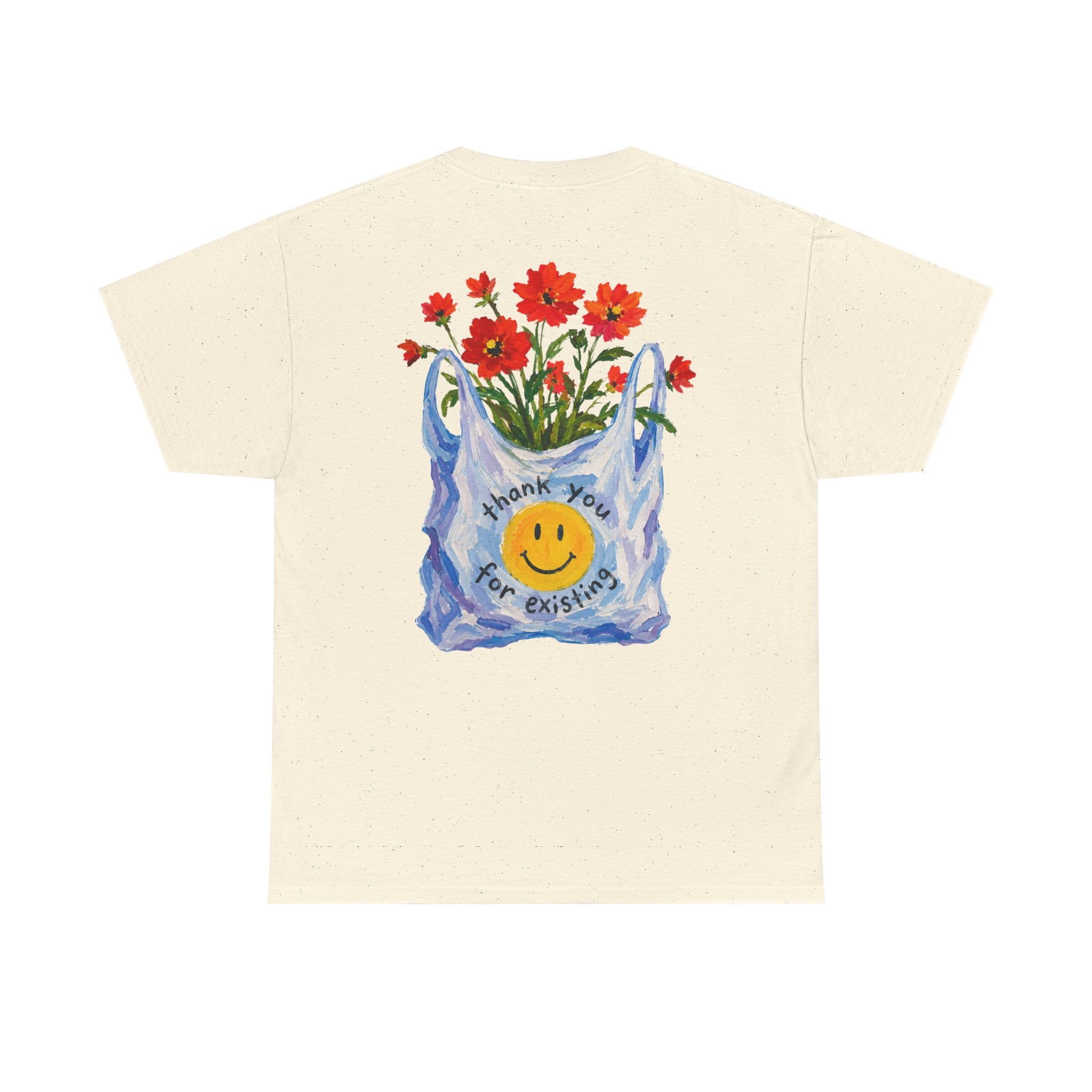 Folded Thank You For Existing tee showing the painted flower bag print
