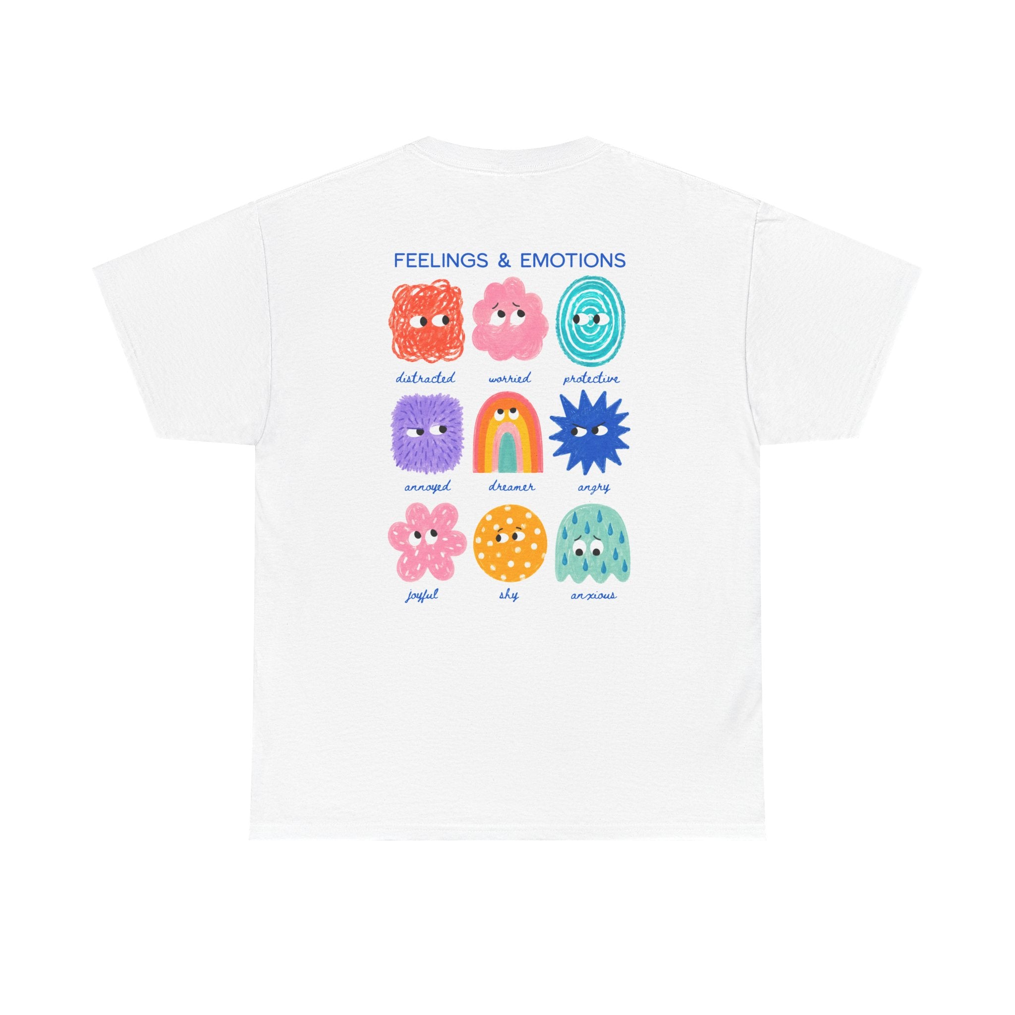 Feelings and Emotions chart back print on a white oversized cotton tee – all feelings matter