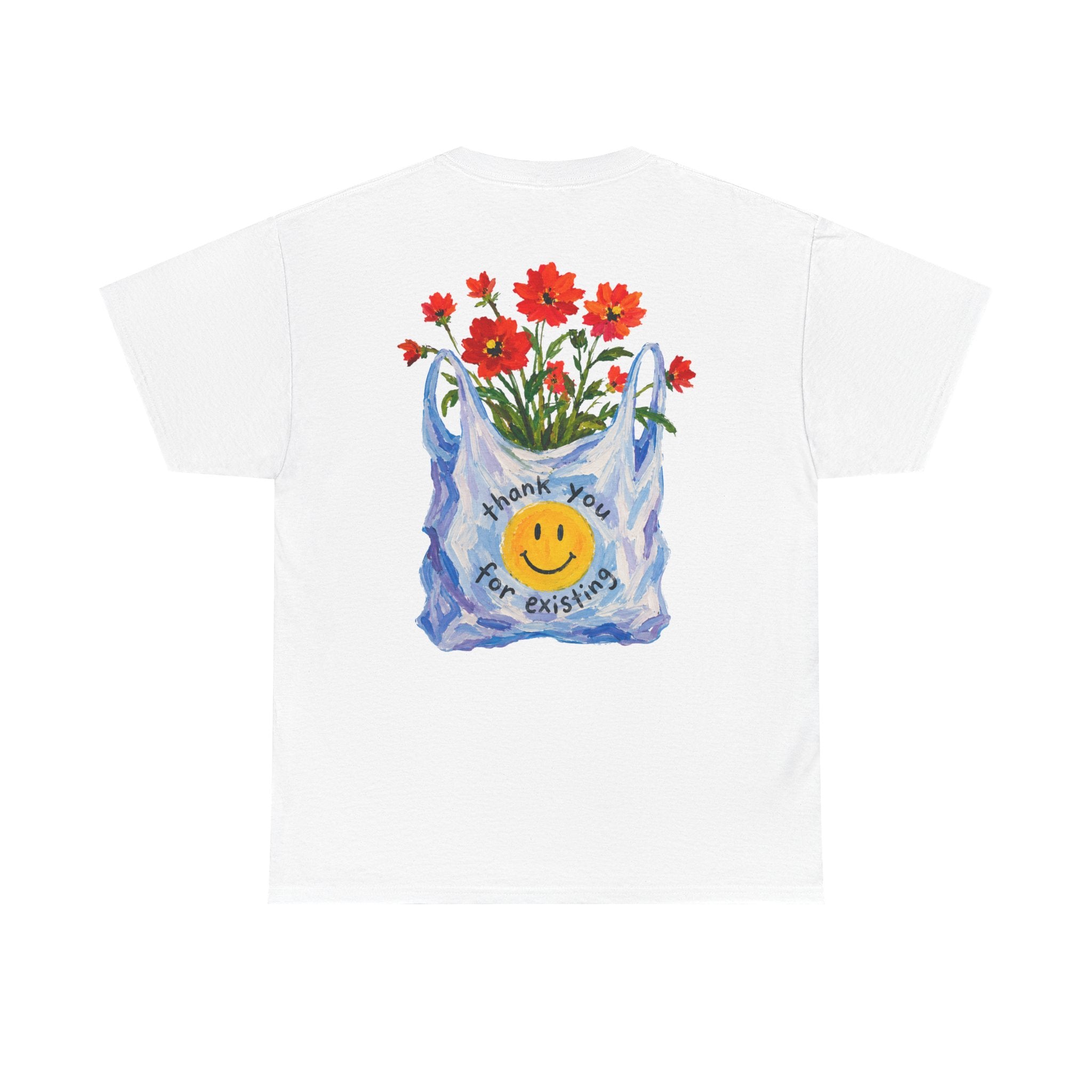 Thank You For Existing painted flower bag back print on a white oversized cotton tee – lonely in bloom