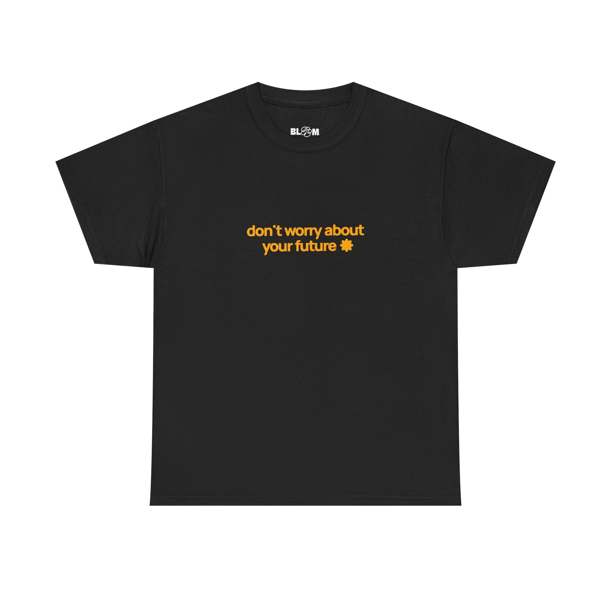 Folded Don't Worry About Your Future tee showing the rainbow back print