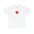 Front view of the Thank You For Existing tee with a single red flower on white cotton