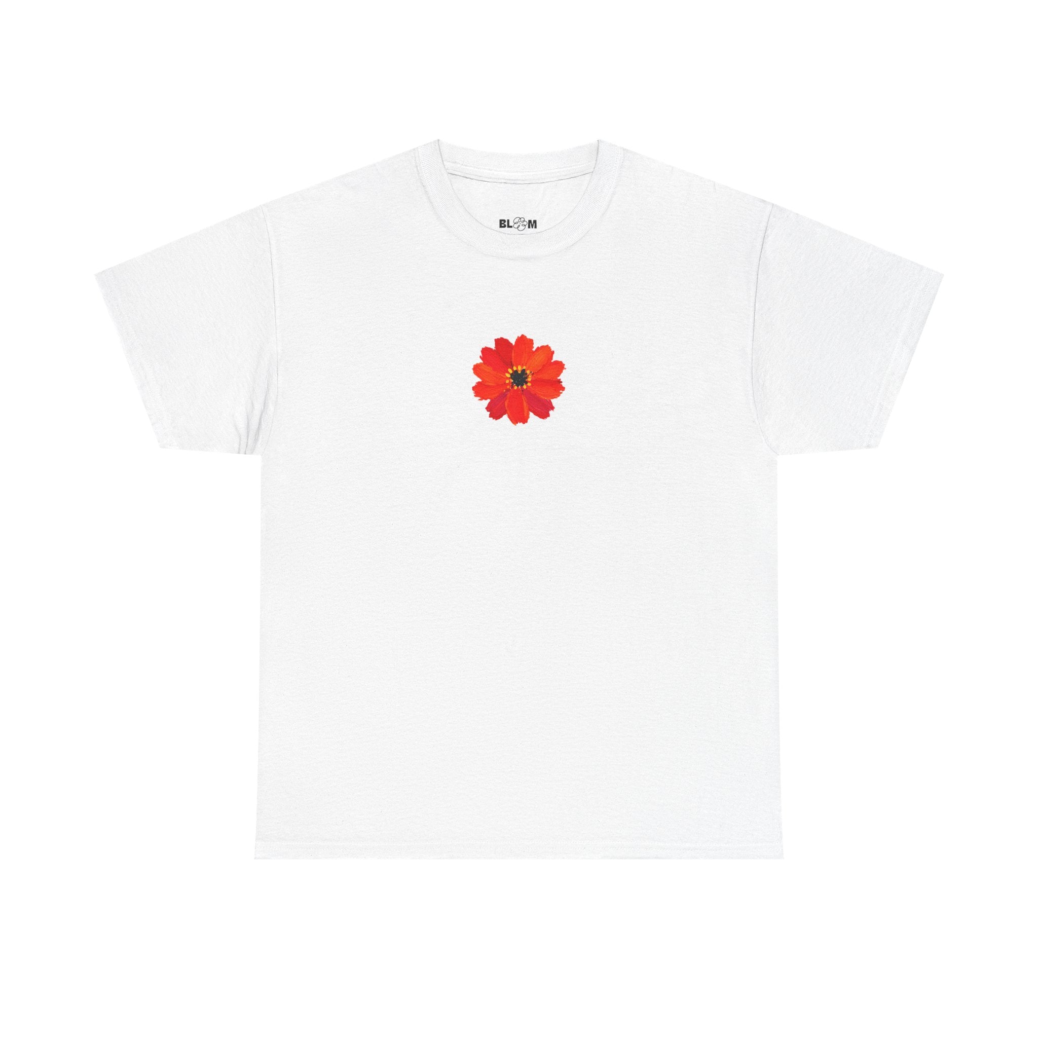 Front view of the Thank You For Existing tee with a single red flower on white cotton