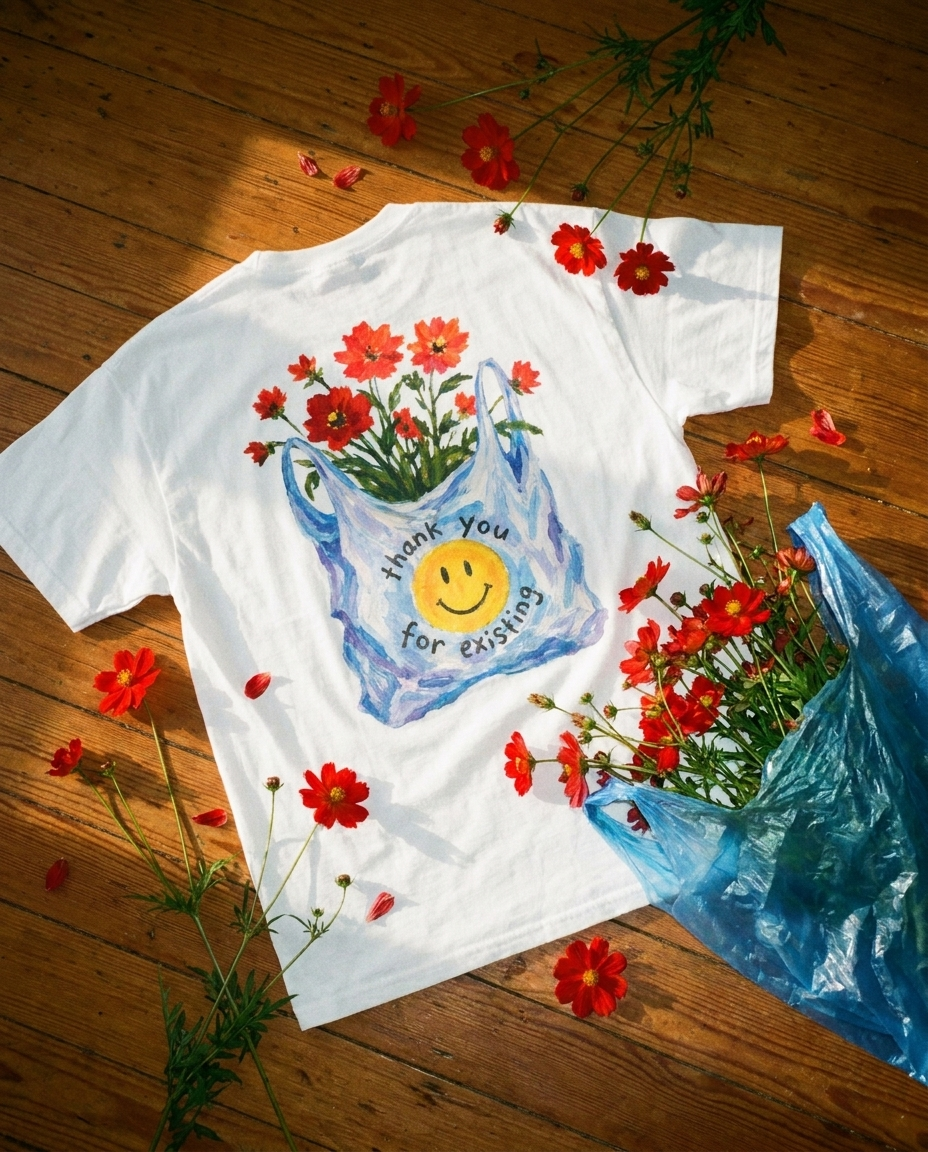 Model wearing the Thank You For Existing oversized graphic tee in a natural lifestyle setting