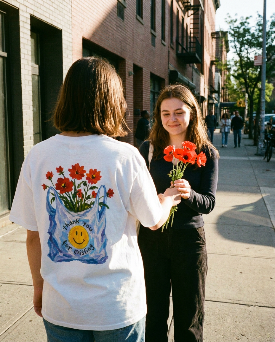 Young woman wearing the Thank You For Existing graphic tee, soft aesthetic styling