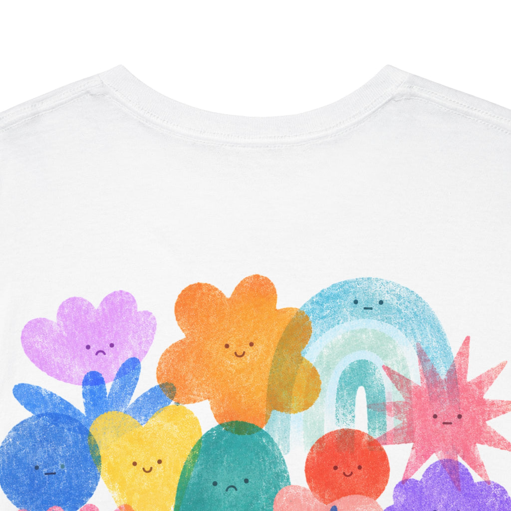 Close-up of the colourful feelings characters printed on the All My Feelings Live Here graphic tee