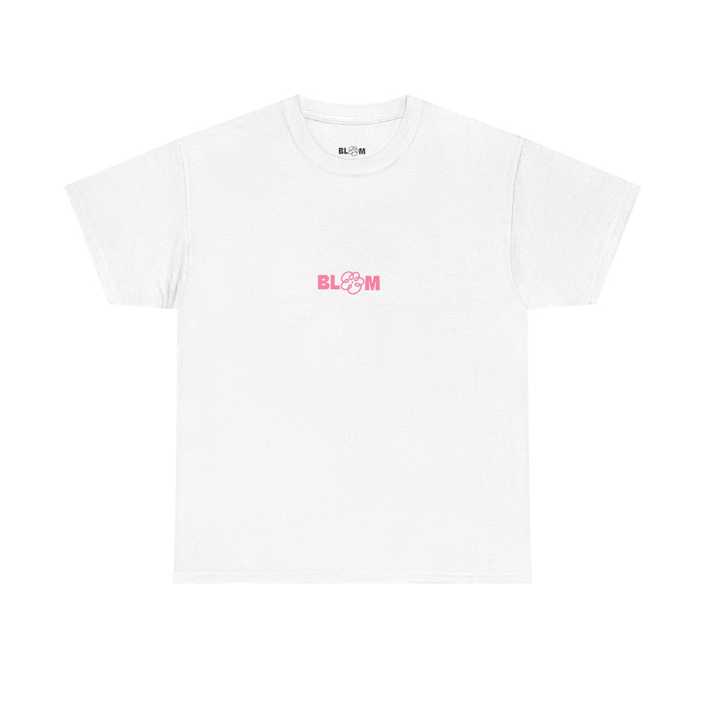 Front view of the All My Feelings Live Here tee with the small pink BLOOM logo on white cotton