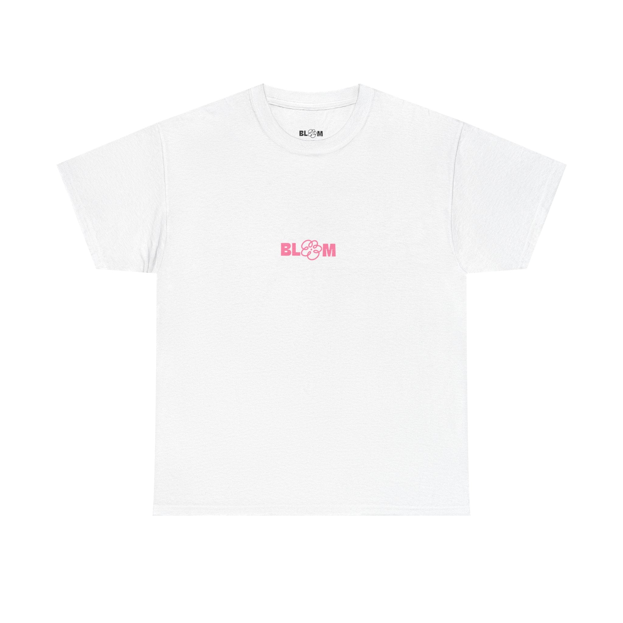 Front view of the All My Feelings Live Here tee with the small pink BLOOM logo on white cotton