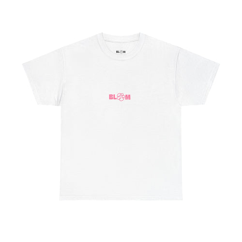 Front view of the All My Feelings Live Here tee with the small pink BLOOM logo on white cotton