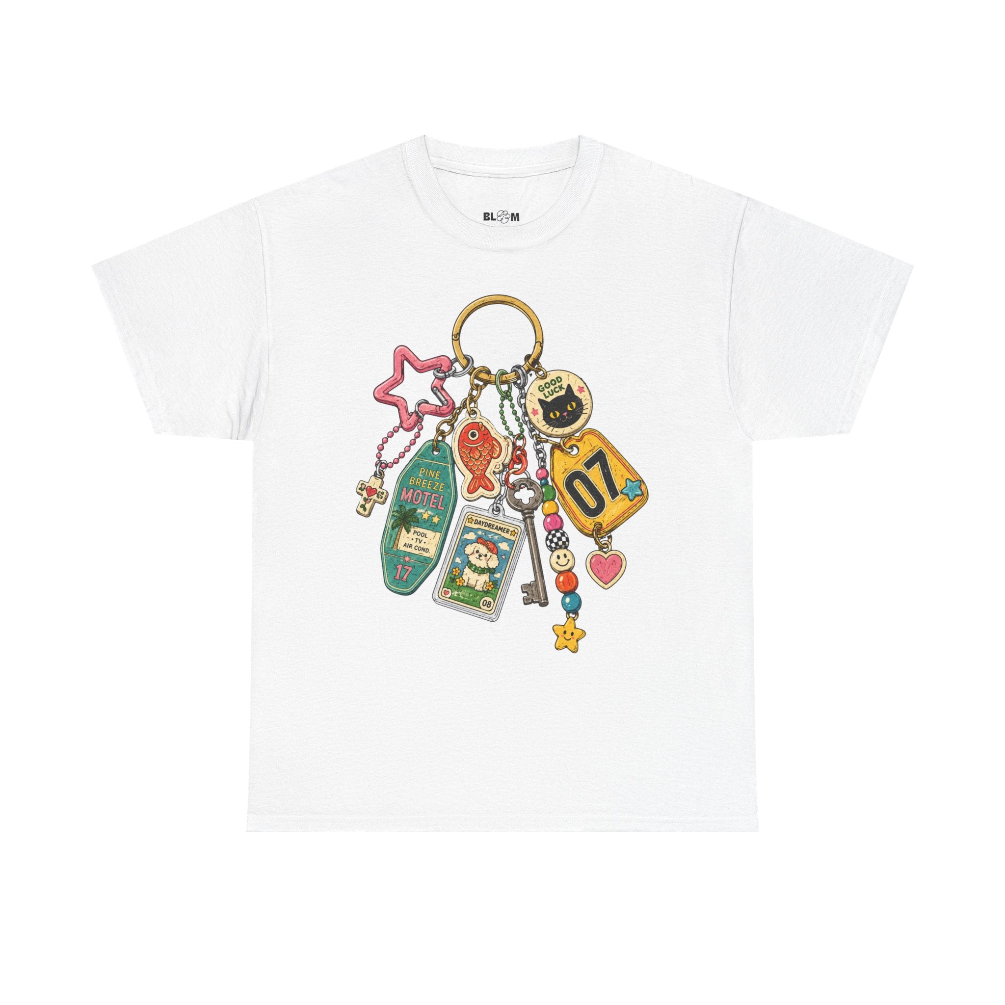 Keychain Charm retro print on the front of a white oversized cotton tee – lonely in bloom