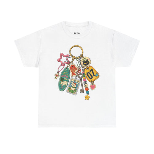 Keychain Charm retro print on the front of a white oversized cotton tee – lonely in bloom