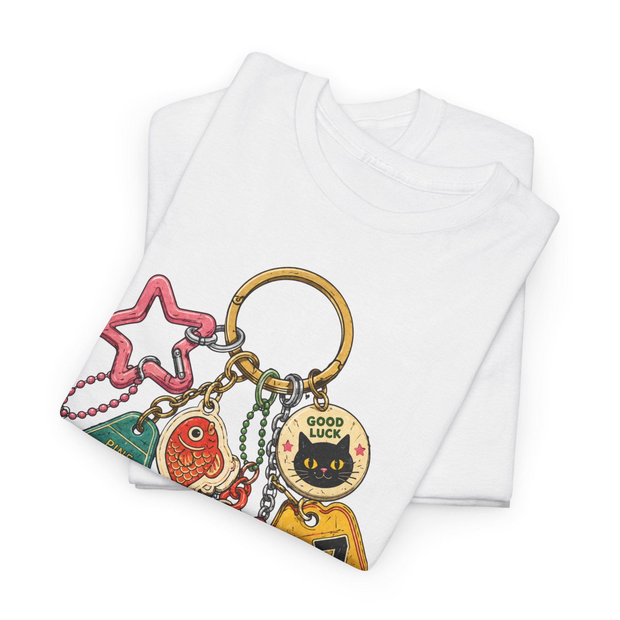 Front view of the Keychain Charm tee, white heavy cotton oversized unisex fit