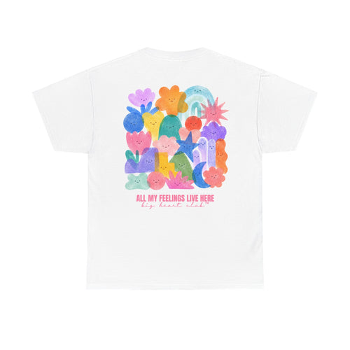 All My Feelings Live Here watercolour back print on a white oversized cotton tee – lonely in bloom