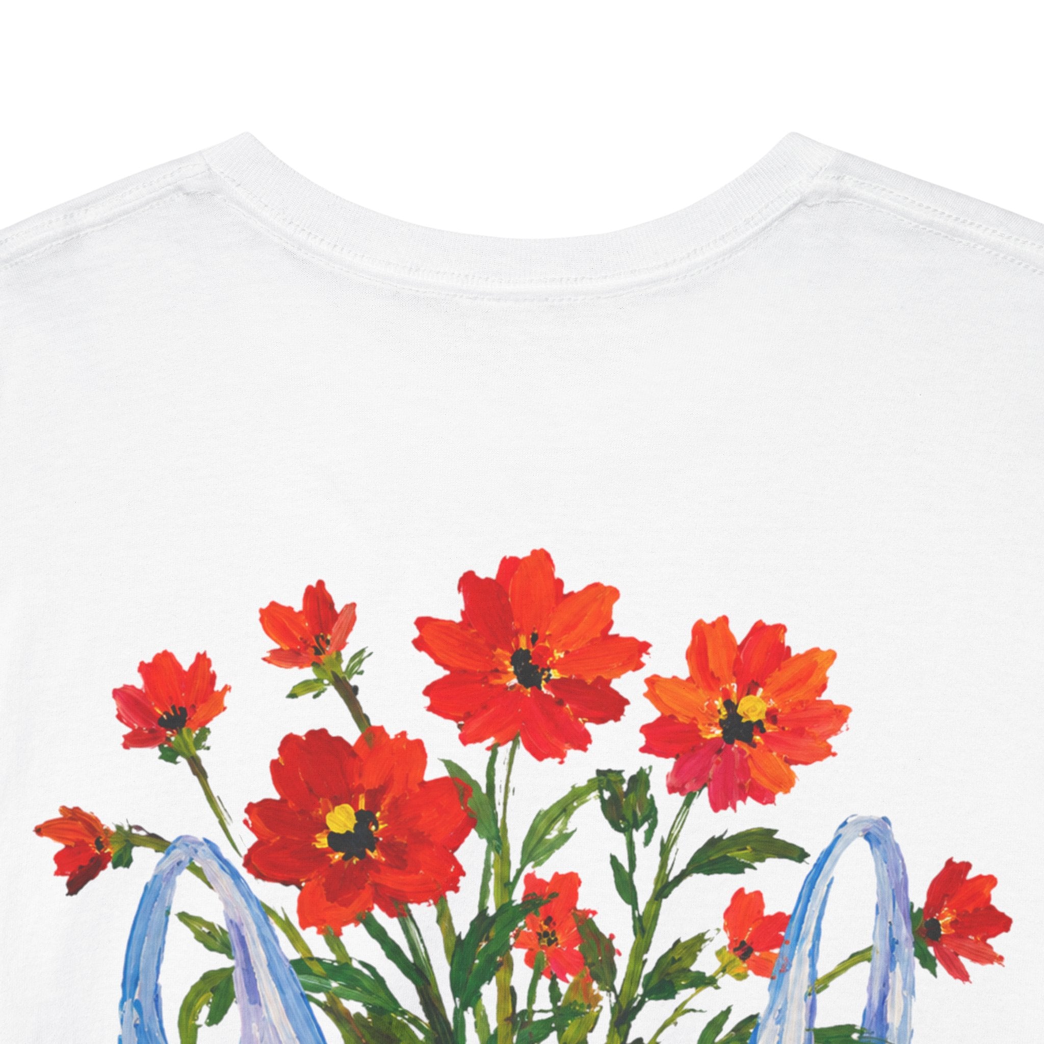 Close-up of the painted flower bag and smiley face design on the Thank You For Existing tee