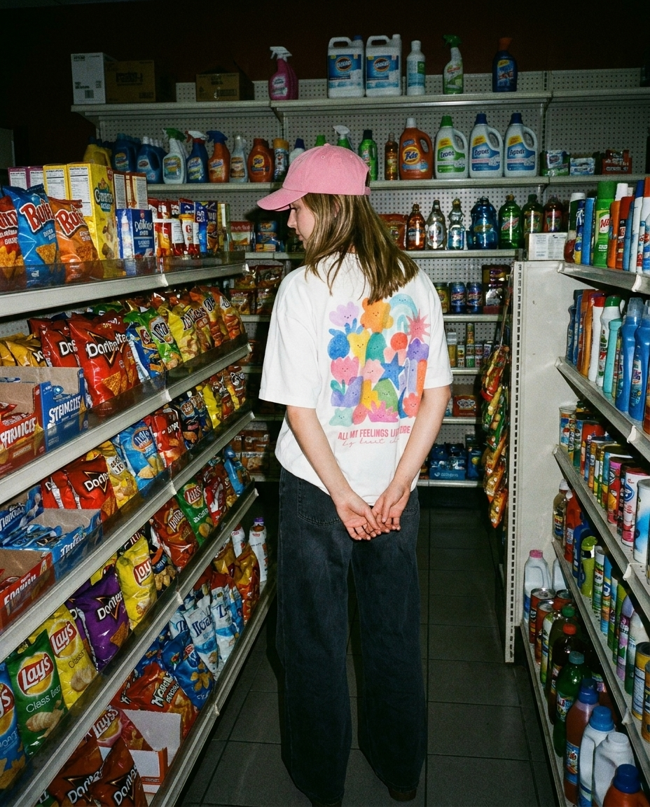 Young woman wearing the All My Feelings Live Here oversized graphic tee in a natural lifestyle setting