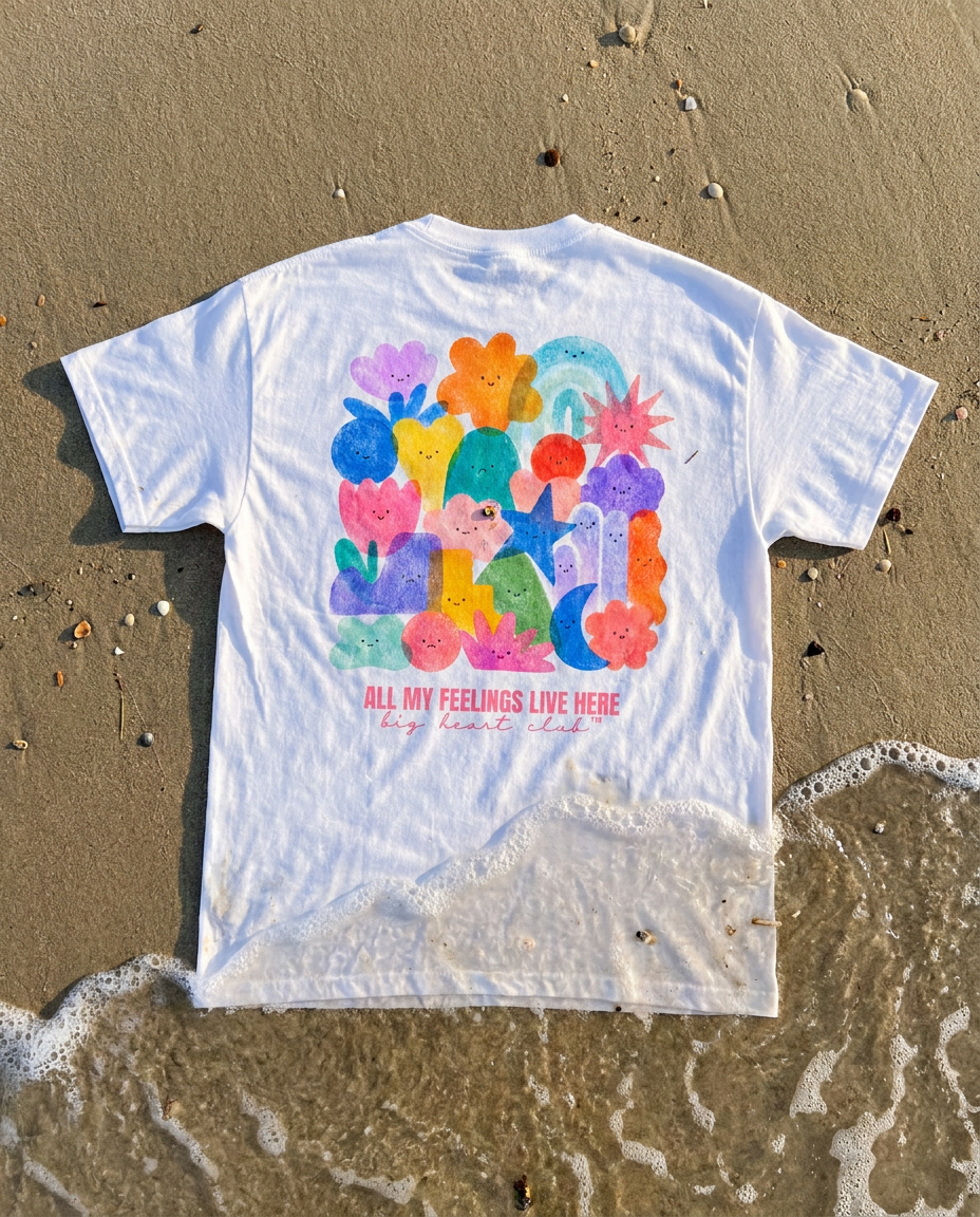 Model styling the All My Feelings Live Here cotton tee, soft aesthetic lonely in bloom look