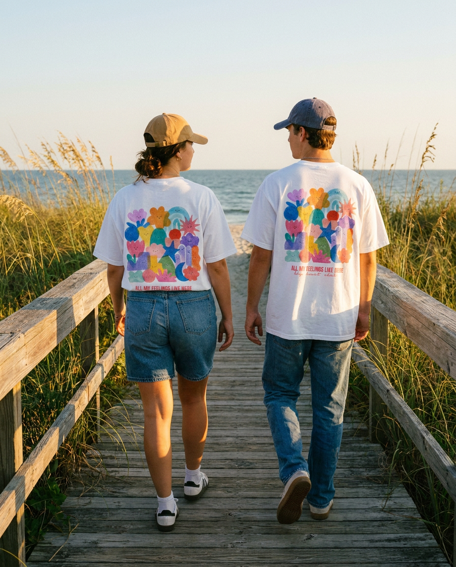 Back of the All My Feelings Live Here oversized tee shown in soft natural light