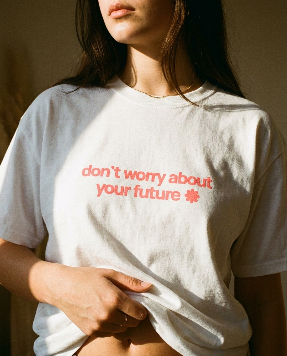 Model wearing the Don't Worry About Your Future graphic tee in a natural lifestyle setting