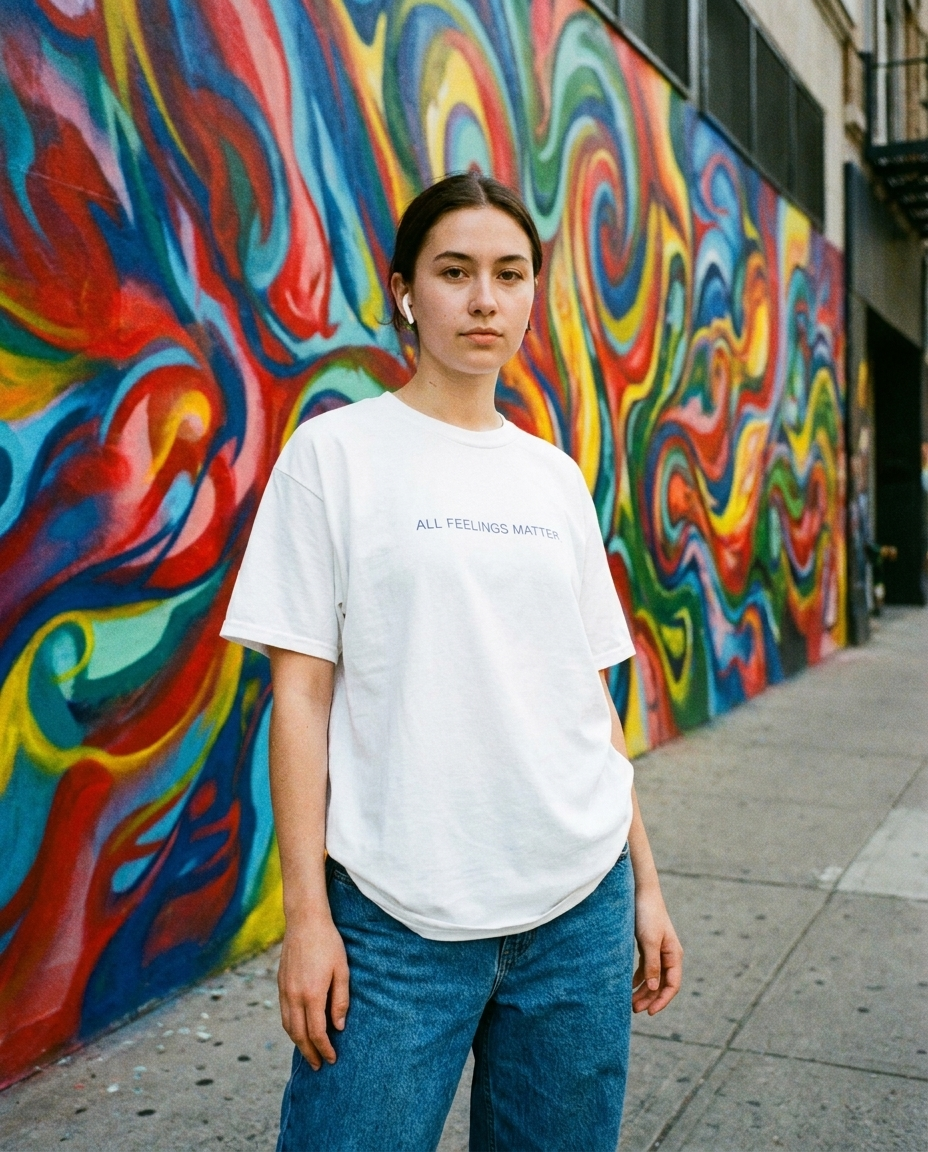 Feelings and Emotions graphic tee worn casually, soft aesthetic