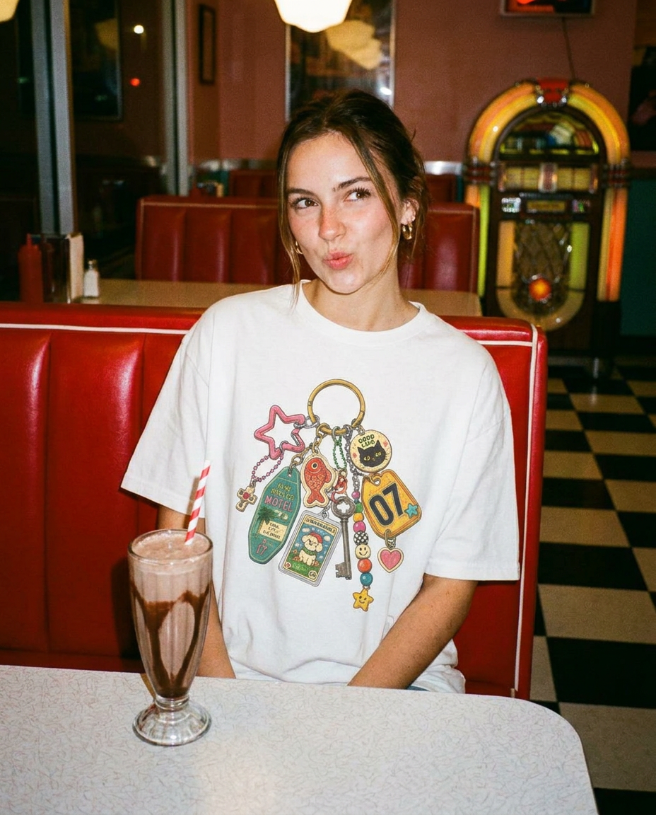 Keychain Charm graphic tee shown in warm natural light