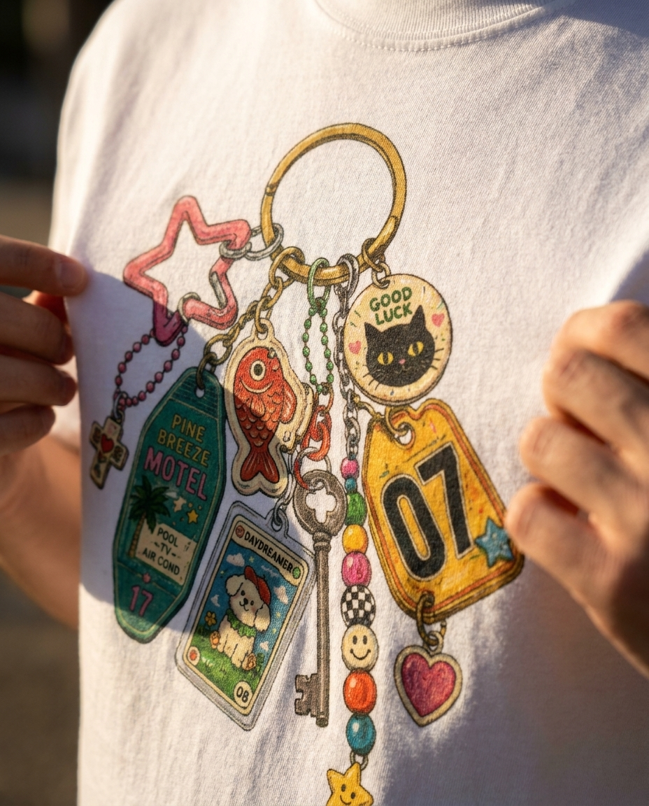 Keychain Charm oversized tee styled in a retro setting